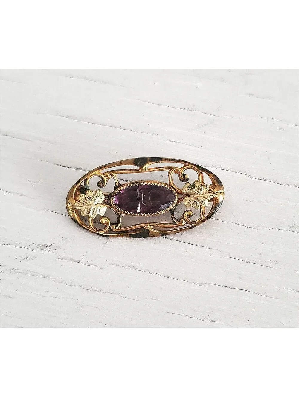 Vintage Victorian Art Nouveau Purple Glass Floral Brooch